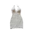 Abito Maxi da Donna Bianco all'Uncinetto con Scollo all'Americana e Dettagli di Perline, Allacciatura Frontale, Abito da Spiaggia Boho