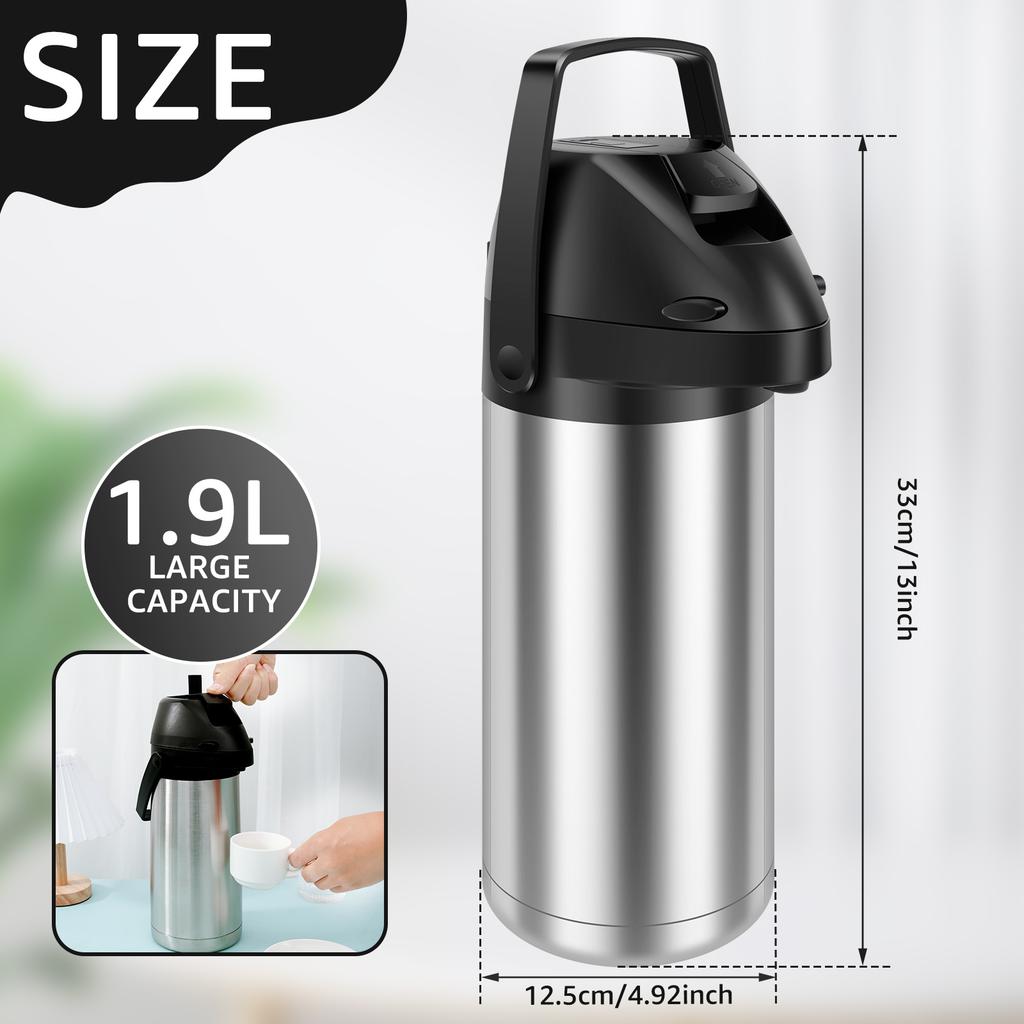 64oz/1.9L Coffee Carafe Push Type Thermos Kettle Stainless Steel Hot Coffee Pot Leak-proof Thermal Water Bottles for Home Travel