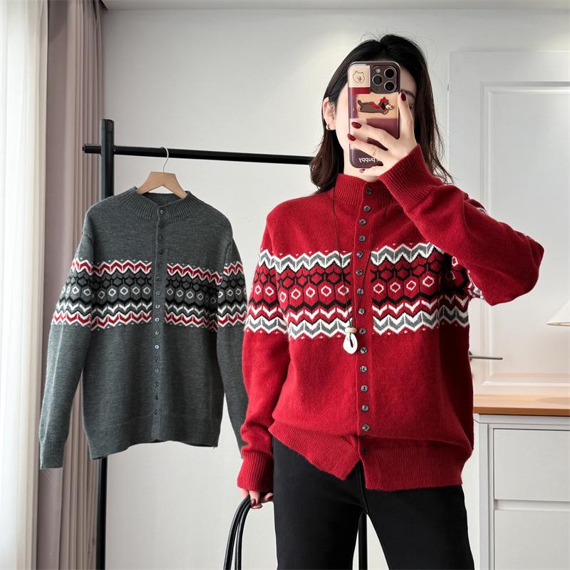 2025 Spring Plus Size Jacquard Cardigan Sweater for Women - Long Sleeve, Stand Collar Fashion Top, Niche Outerwear for Curvy Ladies