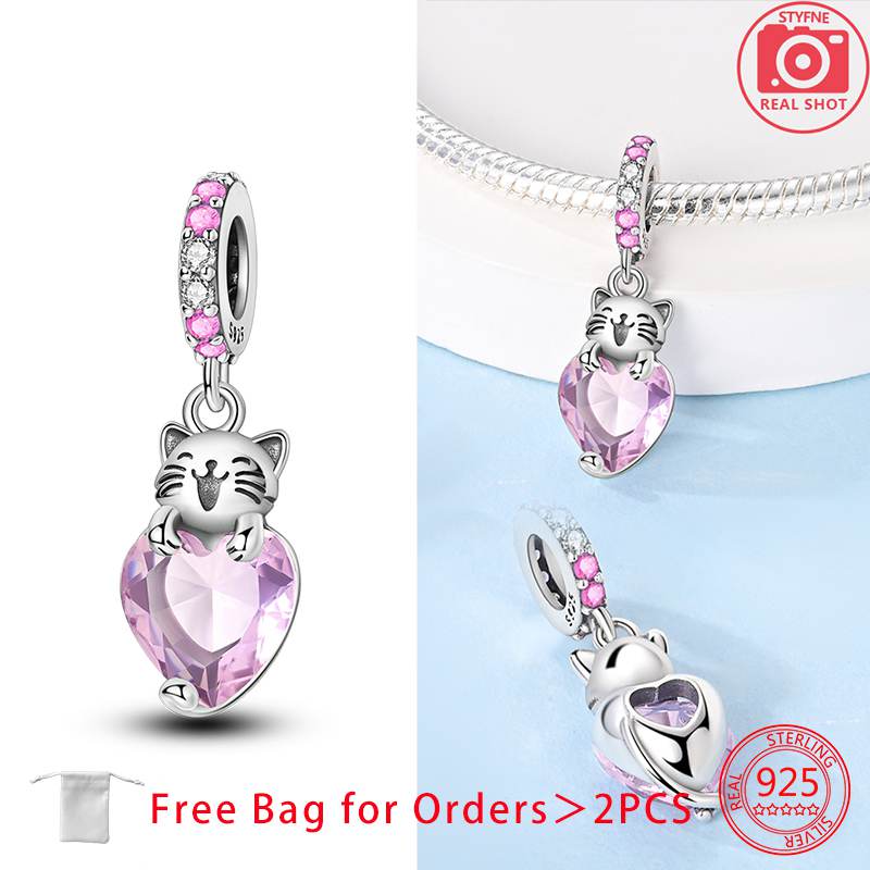 Anniversary Charms Copper Pink Cat Love Heart Beads Fit Original Bracelets Beads Charms Jewelry Making Fine Jewelry Gift