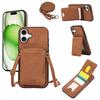 For iPhone 16 Case Card Holder Kickstand Leather+TPU Phone Cover with Shoulder Strap
