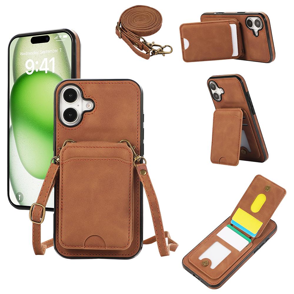For iPhone 16 Case Card Holder Kickstand Leather+TPU Phone Cover with Shoulder Strap