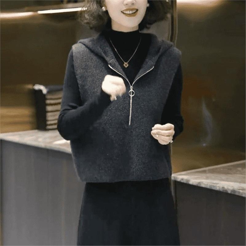 Women's Spring/Fall Hooded Knit Vest: Slimming, Comfortable, Solid-Color, Relaxed-Style, Half-Zip Top