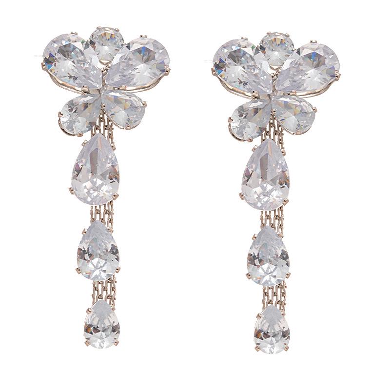 Elegant Zircon Butterfly Flower Silver Drop Earrings - High-End European and American Style for Women