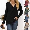 Women's Fashion Solid Color Long Sleeve Button Pullover V Neck Casual Loose Tops