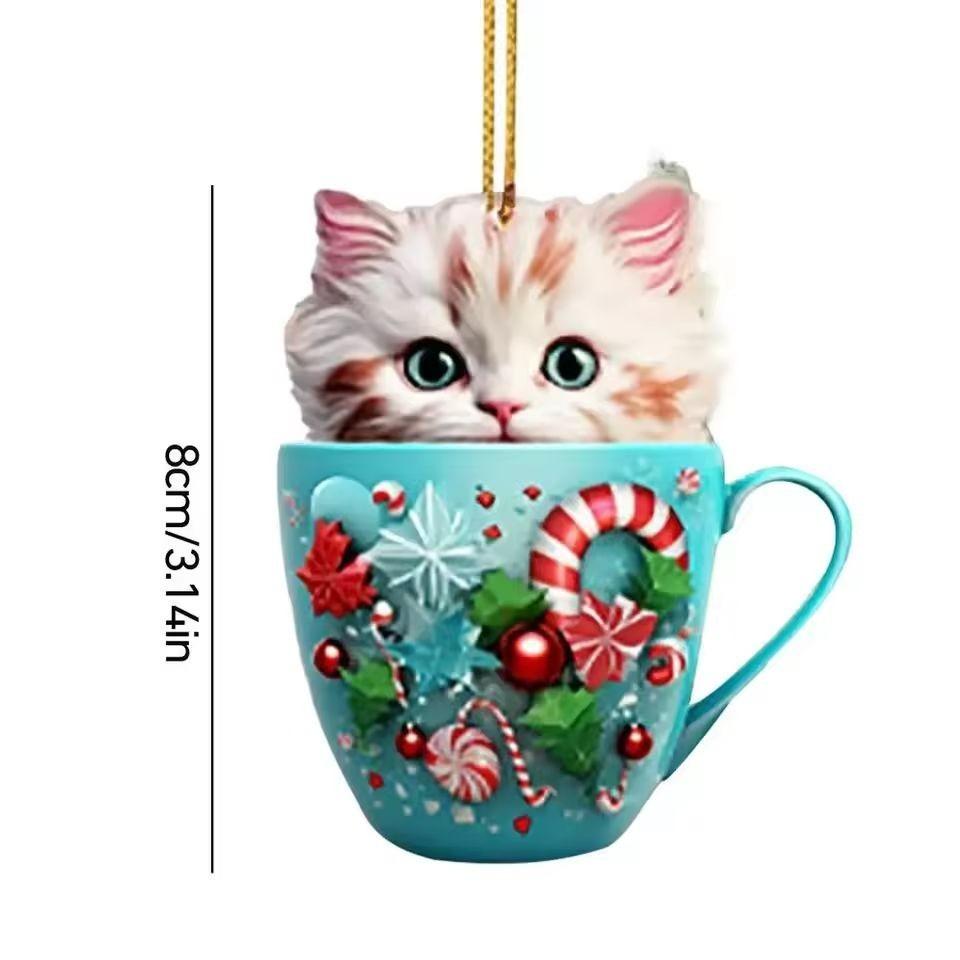 Tea Cute Cartoon Cup Cat Pattern Acrylic Pendant For Christmas Tree Decoration
