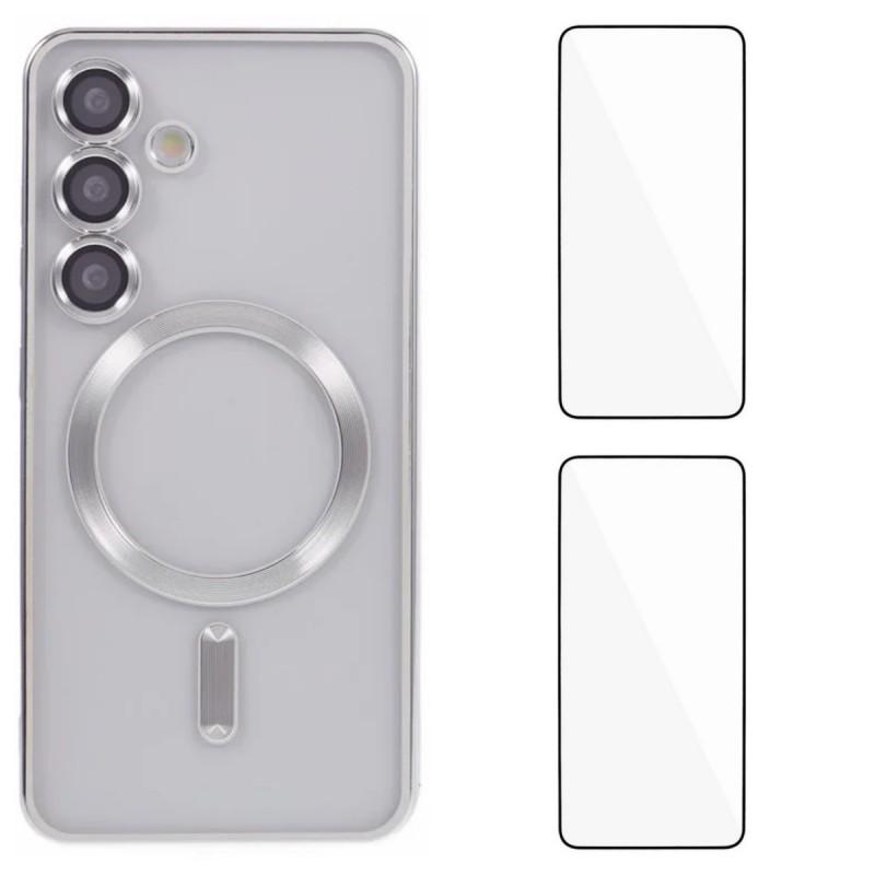 

For Samsung Galaxy S25+ Magnetic Case WANLONFENG Electroplated TPU Cover with Lens Film+2Pcs Tempered Glass Silver