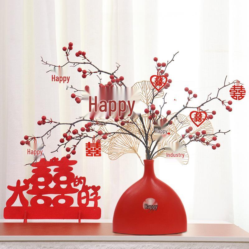 Red Berry Bonsai Scene Ornament for Wedding and Living Room Decor