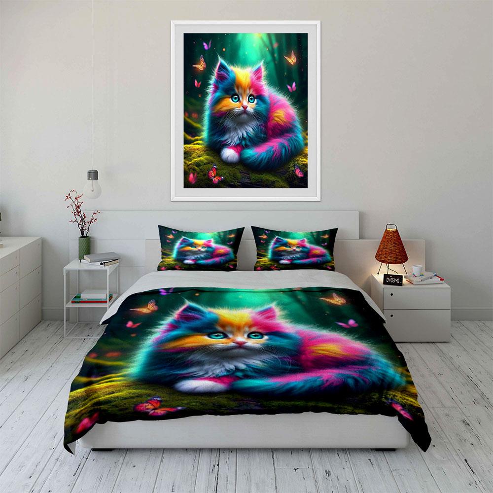 Rainbow Cat In Butterfly Forest Printed Duvet Cover Set1 Duvet Cover+2 Pillowcase Multi Size Bedroom Bedding Decor