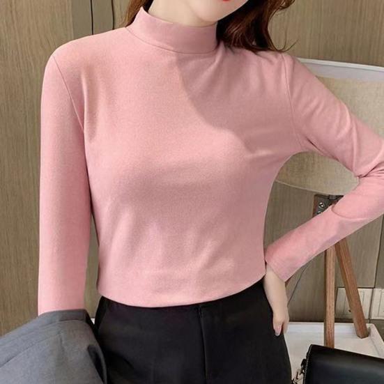 Half High Collar Long Sleeves Slim Fit Bottoming Blouse Autumn Winter Thickened Double-Sided Fleece Pure Color Thermal Top Daily Clothing