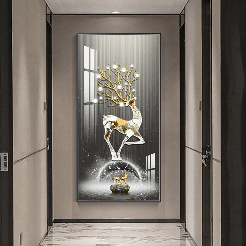 New Chinese Fengshui Golden Deer Canvas Painting Abstract Zen Stone Posters and Prints Modern Luxury Wall Art for Porch Decor