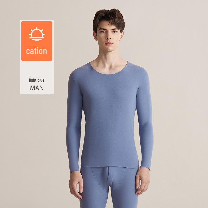 7A Men's Seamless Cationic Antibacterial Thermal Underwear Set - Round Neck Top & Anti-Pilling Pants for Autumn