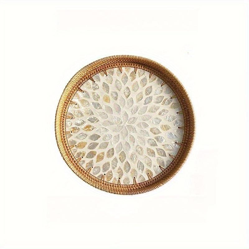 1Pc Handmade Rattan Shell Color Storage Round Picnic Fruit Basket Tray for Outdoor Courtyard Patio Garden