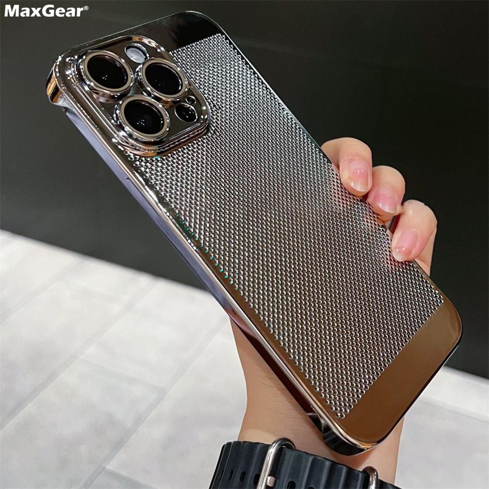 Luxury Frameless Plating Armor Cooling Case for iPhone 15 14 13 Pro Max Shockproof Camera Protection Slim Breathable Mesh Cover