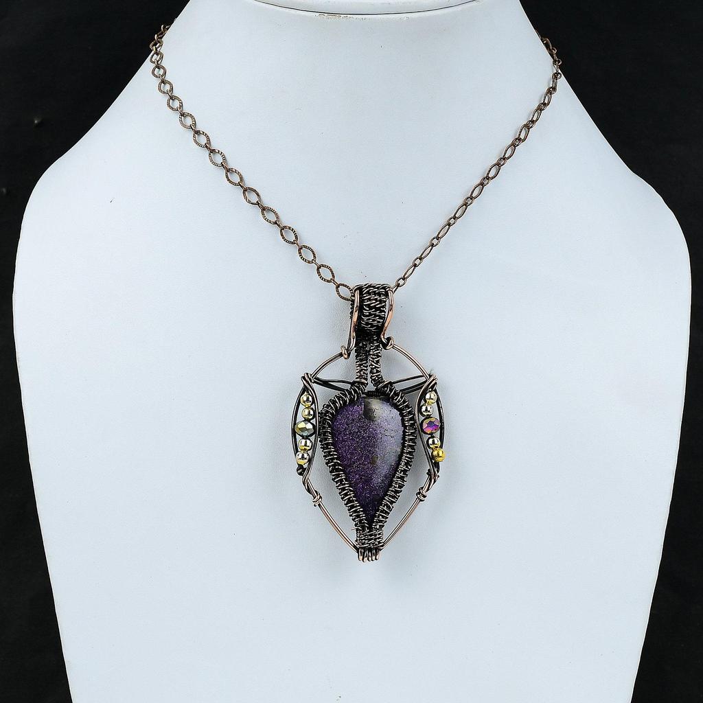 Purpurite Gemstone Pendant Copper Wire Wrapped Pendant Handmade Ethnic Pendant Titanium Beads Pendant Copper Wire Wrap Jewelry Gift For Mom