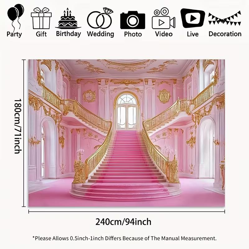 Sfondo 2D Fantasioso di una Villa Rosa con Dettagli Dorati e Scale per Programmi TV, Poster e Decorazione della Stanza