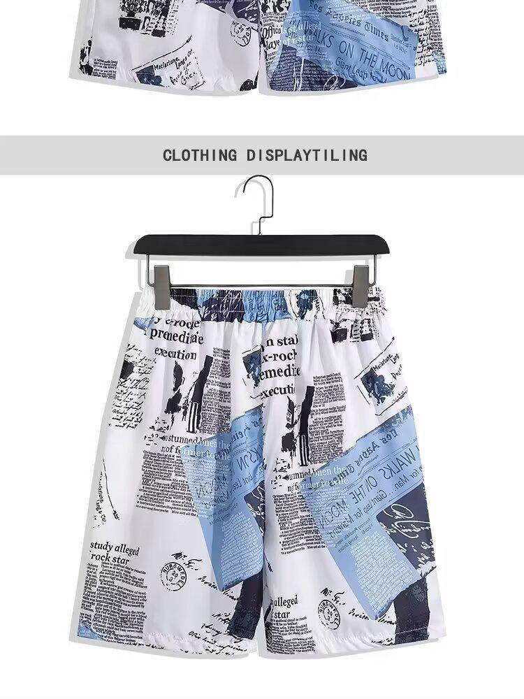 Men's Summer Japanese Trend Newspaper Print Shirt & Floral Beach Shorts Set