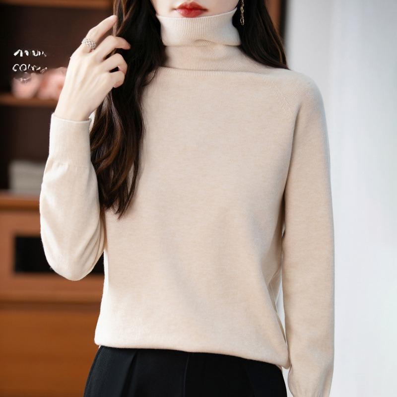 

Новый осенне-зимний женский вязаный базовый слой с воротником-стойкой, свободный свитер с высоким воротником, вязаный свитер M бежевый
