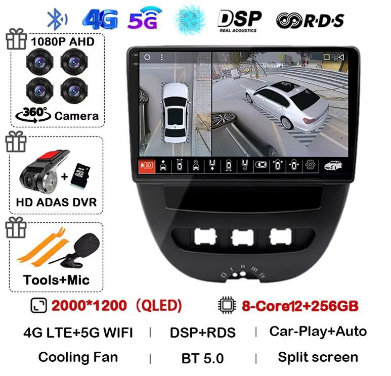 Android 14 Carplay Auto Car Radio For Peugeot 107 Toyota Aygo Citroen C1 2005 - 2014 Head Unit Stereo Multimedia Player GPS WIFI