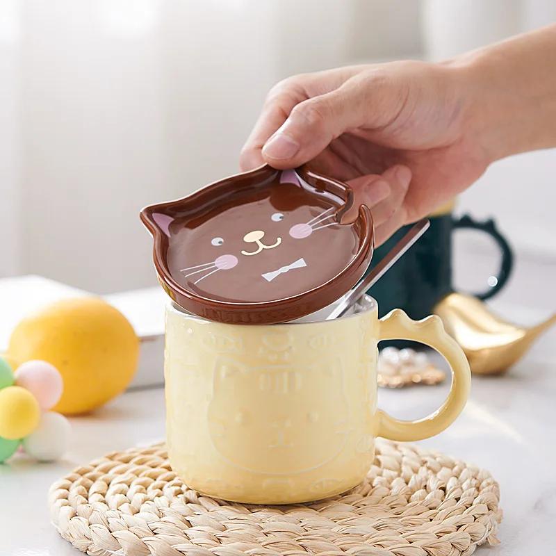 350ML Japanese Cartoon Cat With Cover Coffee Cup Cute Breakfast Cup Creative Coffee  Mug Milk  Mug Couple Water Mug With Lid