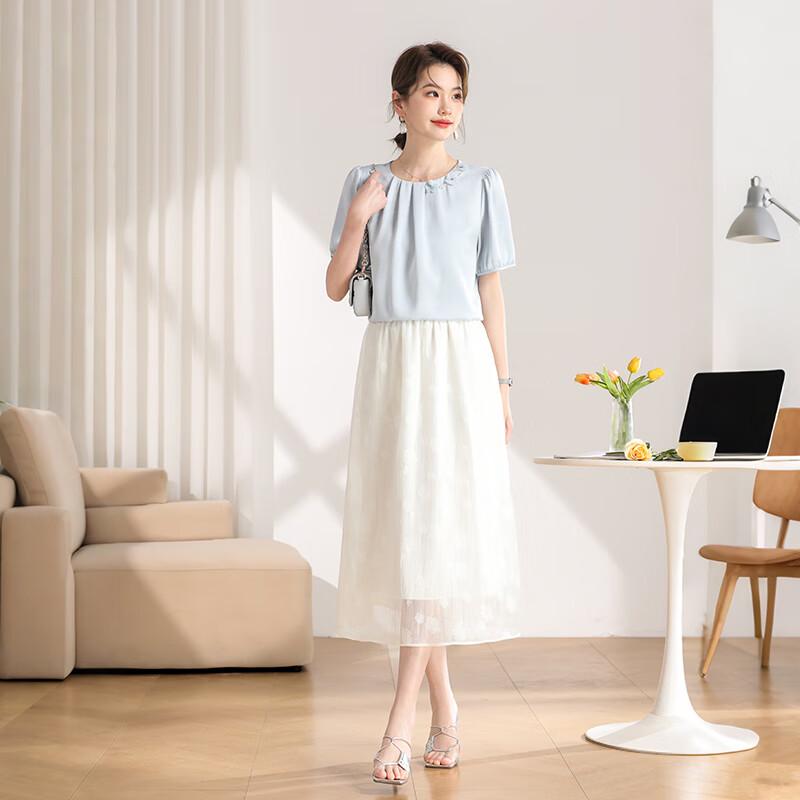 Qianbainian Women's Elegant Loose Fit Puff-Sleeve T-Shirt