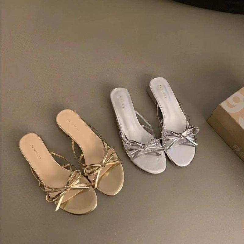 Fashion New Style Design Butterfly-kont Pleated Thin Low Heel Women Slippers Fashion Round Head Stripper Party Dress Female Summer Shoes