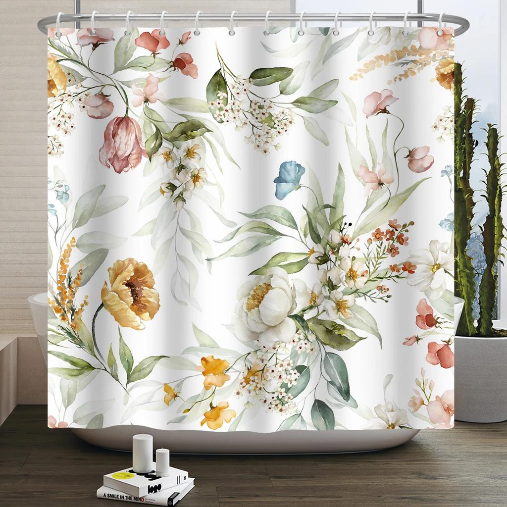 Floral Duschvorhang für Badezimmer Vintage Blume Schmetterling Wasserdichter Stoff Boho Badewanne Badezimmervorhang Mit Haken 180x240