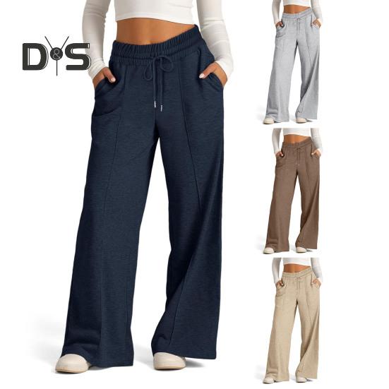 Damen Freizeithose, elastische hohe Taille, verstellbarer Kordelzug, gerade Hose mit weitem Bein und Taschen, einfarbig, lange Hose