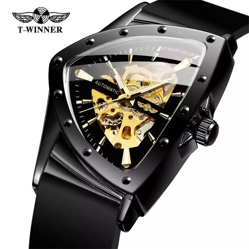 Mens Fashion Casual Automatic Mechanical Watch With Hollow Triangle Dial Heart Shape Stainless Steel Buckle