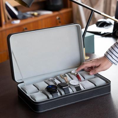 Boîtes de Rangement Portables Haut de Gamme à 6/10/12 Compartiments Organisateur avec Fermeture Éclair Style Classique Boîte Présentoir à Montres Multifonctionnelle Support