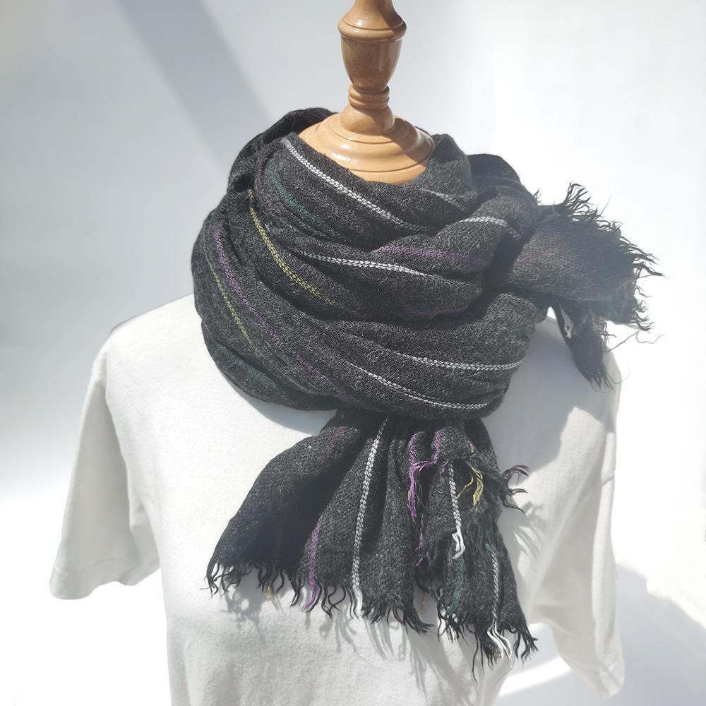 Custom-spun autumn and winter new wool scarf women's striped yarn-dyed warm scarf retro literary and versatile shawl decoration