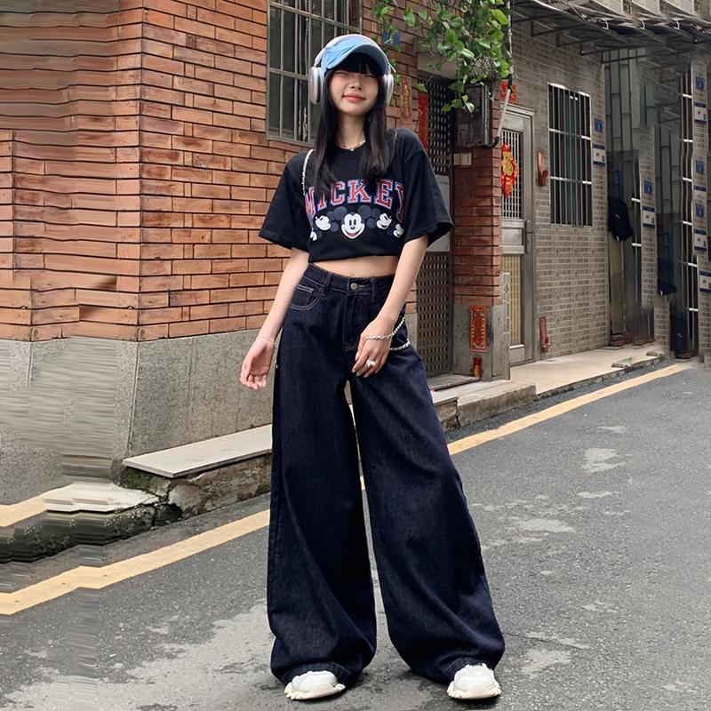 Women's Dark Blue High-Waisted Wide-Leg Jeans - 2025 Spring/Autumn Straight Loose Floor-Length Pants