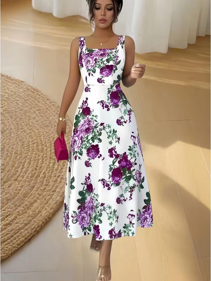 2026 Summer Floral Print Slim-Fit Spaghetti Strap Square Neck Dress