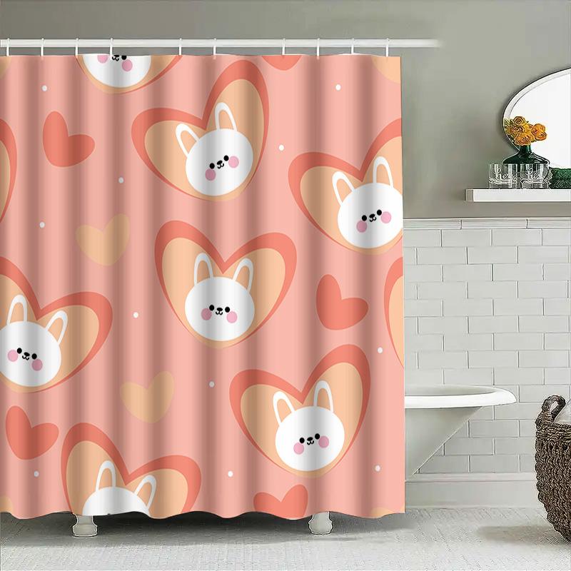 Pink Bunny Heart Shower Curtain Cute Animal Print Bathroom Decor