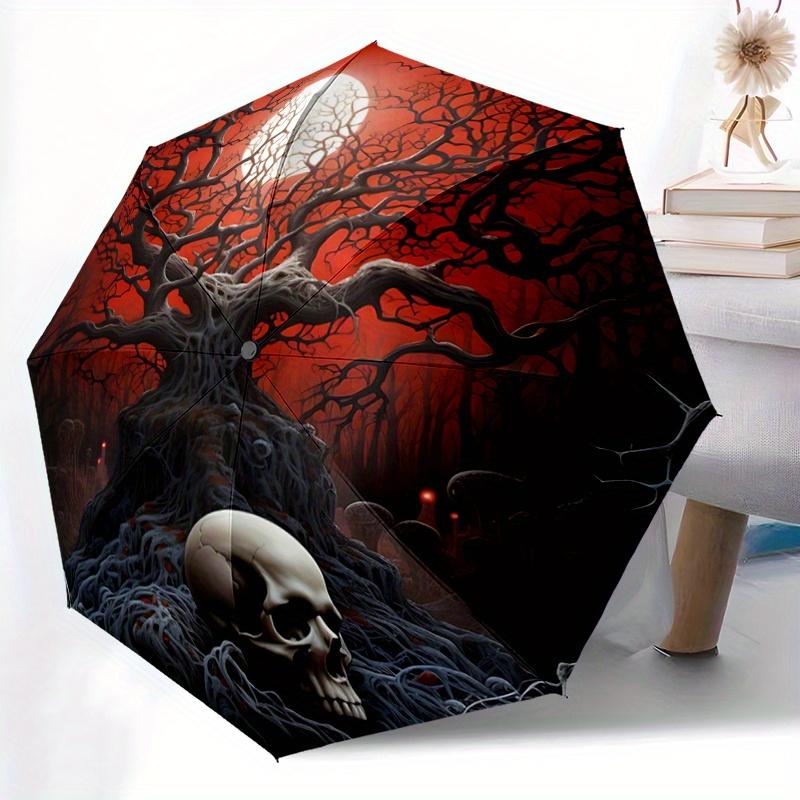 1pc Moonlit Skull amidst Twisted Trees Automatic Folding Umbrella - 3 Folding Design, Vivid Cartoon Pattern, Suitable for Outdoor Activities, A G