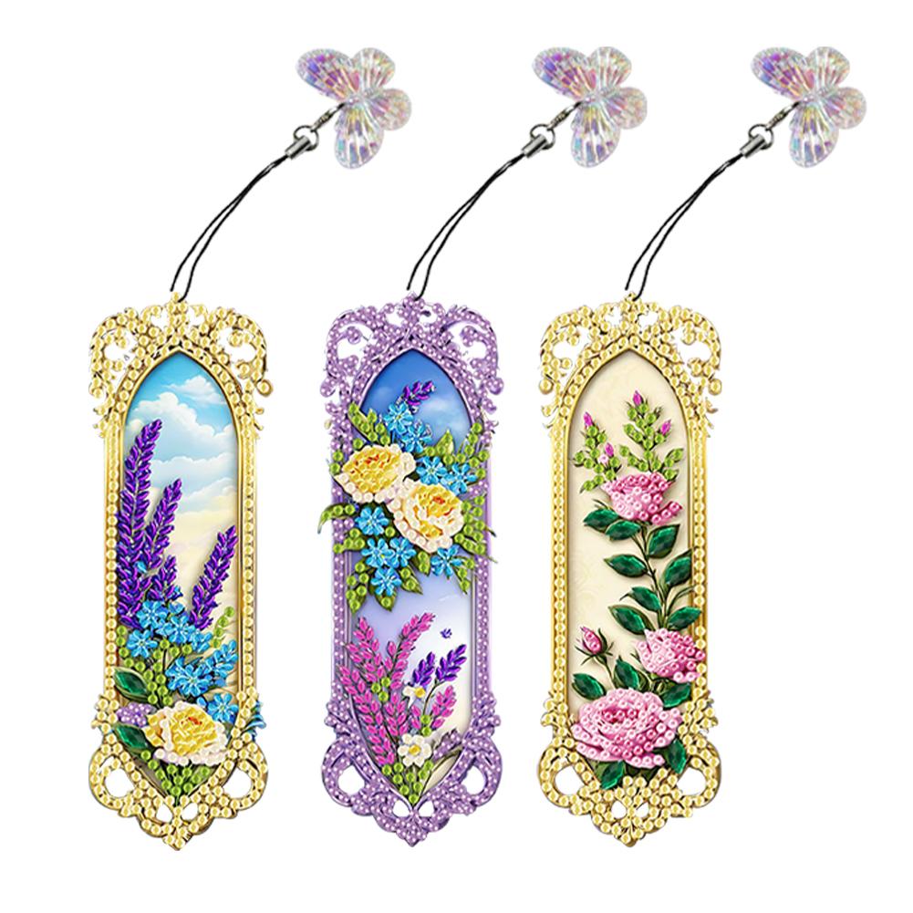 3Pcs Special Shaped Colorful Flower Diamond Bookmark Art Project DIY Diamond Bookmark with Crystal Pendant for Home Office