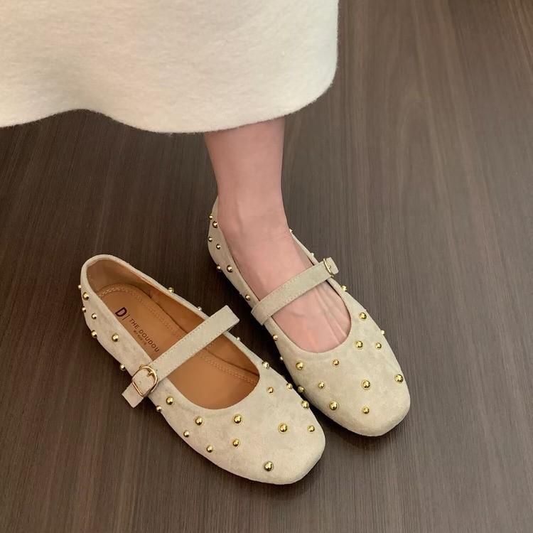 

Solid color rivet niche Mary Jane shoes women s 2025 spring new woolen round head ballet flat-soled retro single shoes 40