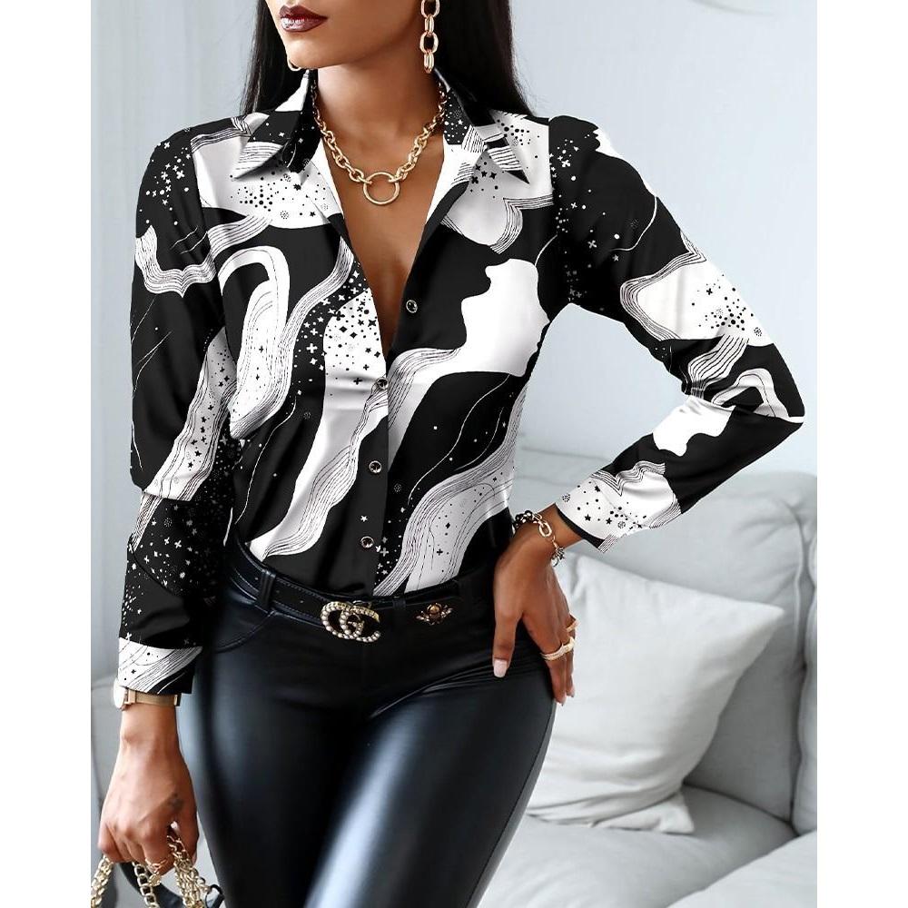 Women Fashion Shirt Vintage Autumn Shirt Print Blouse Casual V-neck Long Sleeve Shirt  Blouse