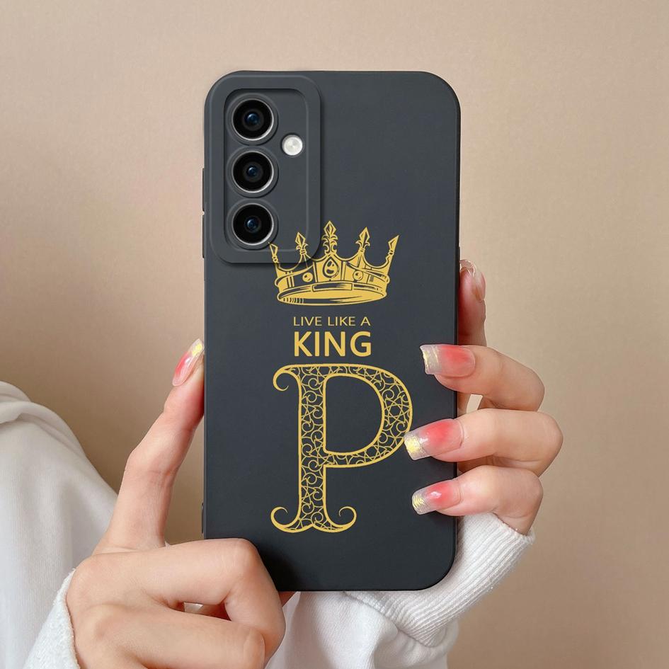 Case Phone Cover For Samsung Galaxy A55 S24 Ultra S24+ A15 M15 F15 Bumper Fashion A-Z Crown Letters Cases Matte Liquid Soft Silicone Capas For Samsung