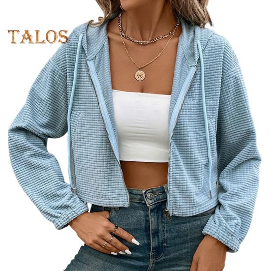 Women's Hooded Sweatshirt Long Sleeve Solid Color Jacket with Drawstring Zip Up Short Hoodie for Daily Party Office Vacation