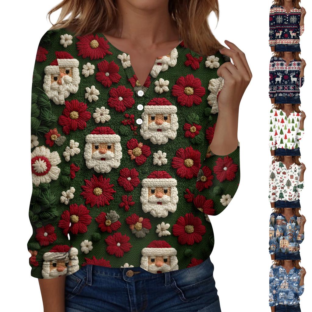 Women's Fashion Casual H Printed V-Neck Long Sleeve Decorative Button T-Shirt Tops