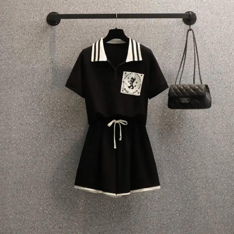 Women's Summer Embroidered Casual Shorts and Top Two-Piece Set - Korean Style, Plus Size, Sporty, Age-Reducing Fashion.