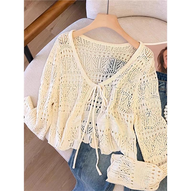 Jarně-letní háčkovaný lněný kardigan šál se zavazováním vpředu - Dámský svrchní oděv s ochranou proti slunci