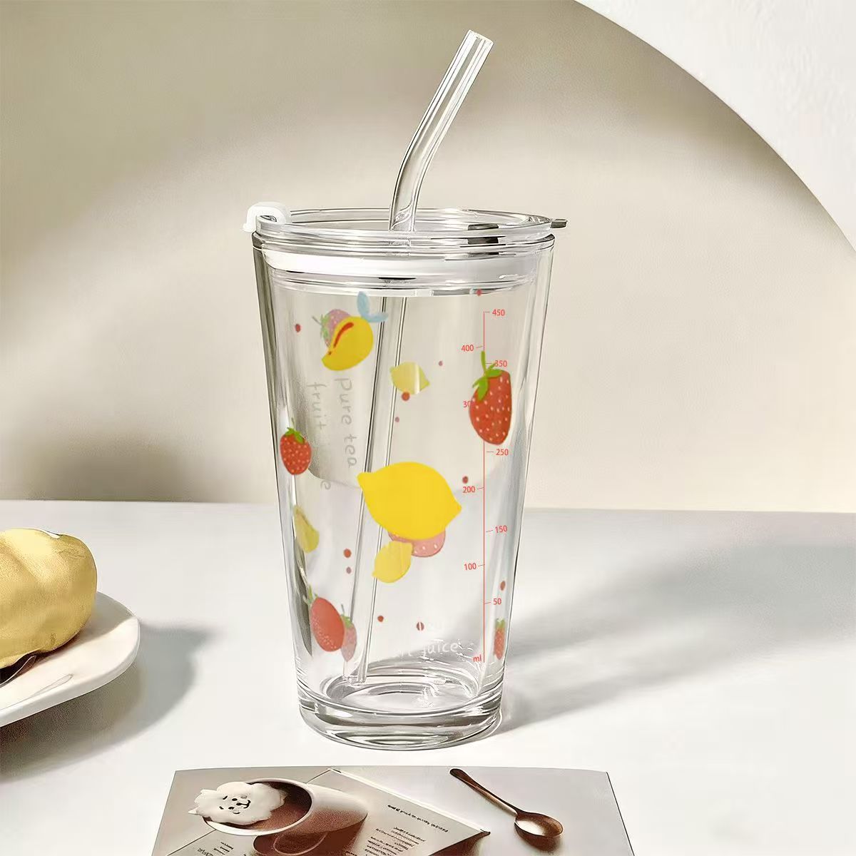 

450ML Glass Straw Cup with Scale Transparent Graffiti Style Large Capacity Drinking Juice Bottle Water Bottle Cute Bottle 500ml