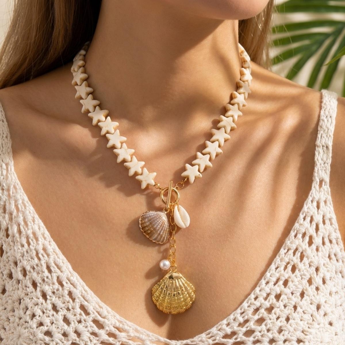 

Resin Starfish Beaded Metal Shell Pendant Necklace For Women Men Bohemian Star Ocean Beach Vacation Style Choker Fashion Jewelry