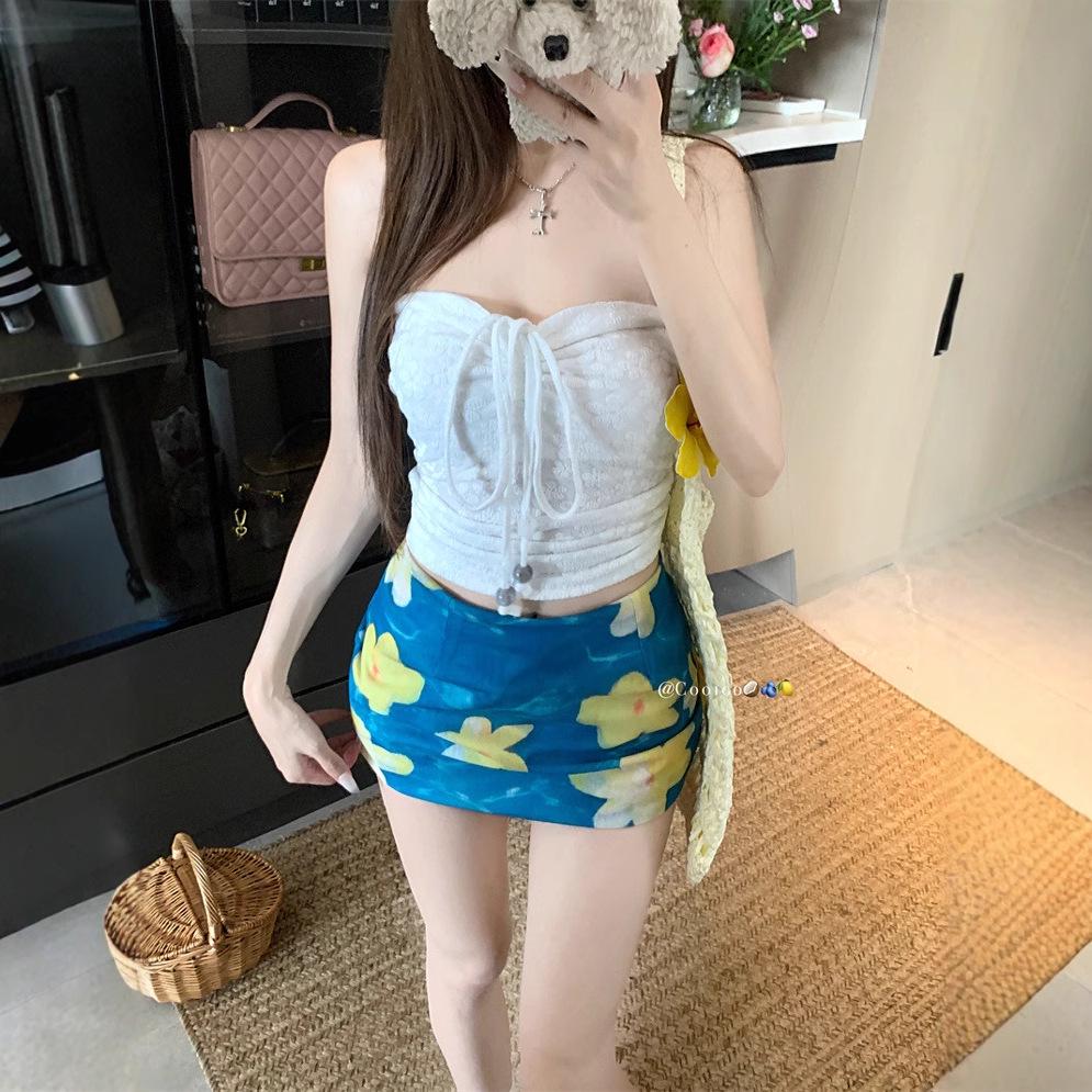 Women's Yellow Strappy Halter Tank Top and Bodycon Midi Skirt Set