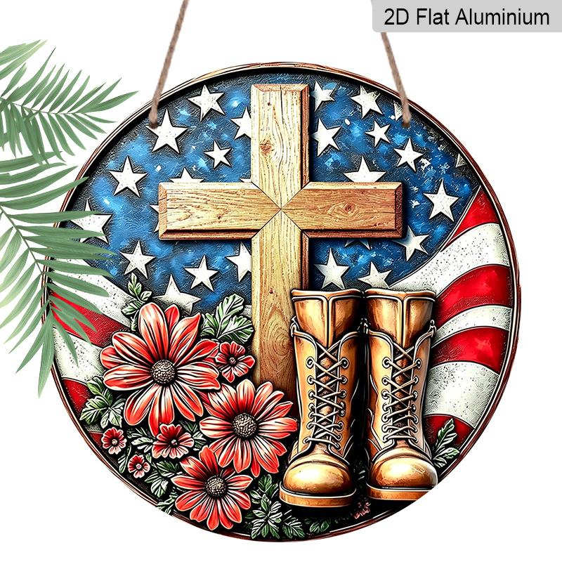 

2D Flat Retro Round Aluminum Wall Decor, Memorial Day Cross & Boots Design, Indoor Outdoor Hanging Plaque, Memorial Home Gift 20*20cm