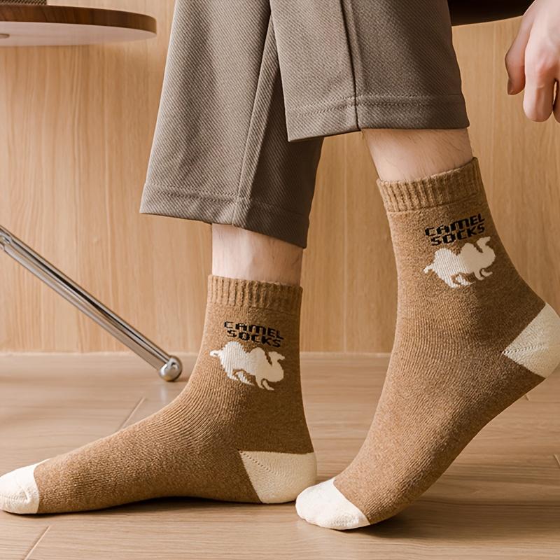 5 Pairs Men's Winter Thermal Socks Thick Warm Camel Design Ribbed Cuff Casual Comfort for Cold Weather Outdoor Activities , Winter Socks