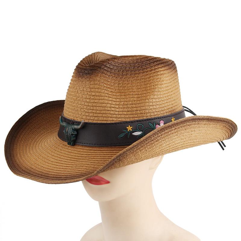 eBay European and American Western Cowboy Hat Vintage Embroidered Men's and Women's Straw Hat Outdoor Casual Sun Hat
