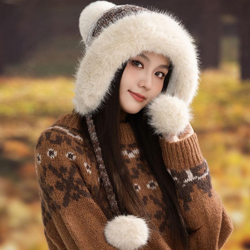 Ear Protection Knitted Thermal Hat Women's Autumn and Winter Piled Thickened Hairball Wool Colorful Hat